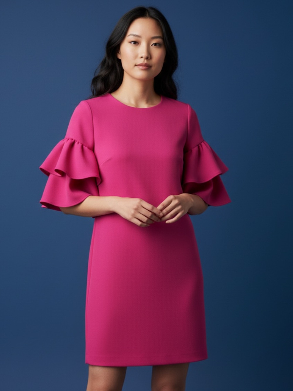Belle Badgley Mischa Bright Fuchsia Pink Ruffle Sleeve Shift Dress